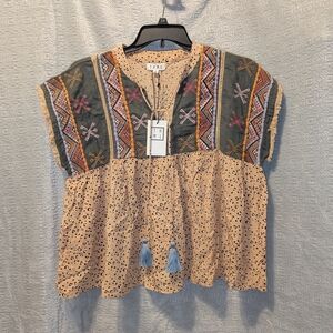 THML Embroidered Boho M Top Multicolor Leopard Print With Fringe At The Sleeves